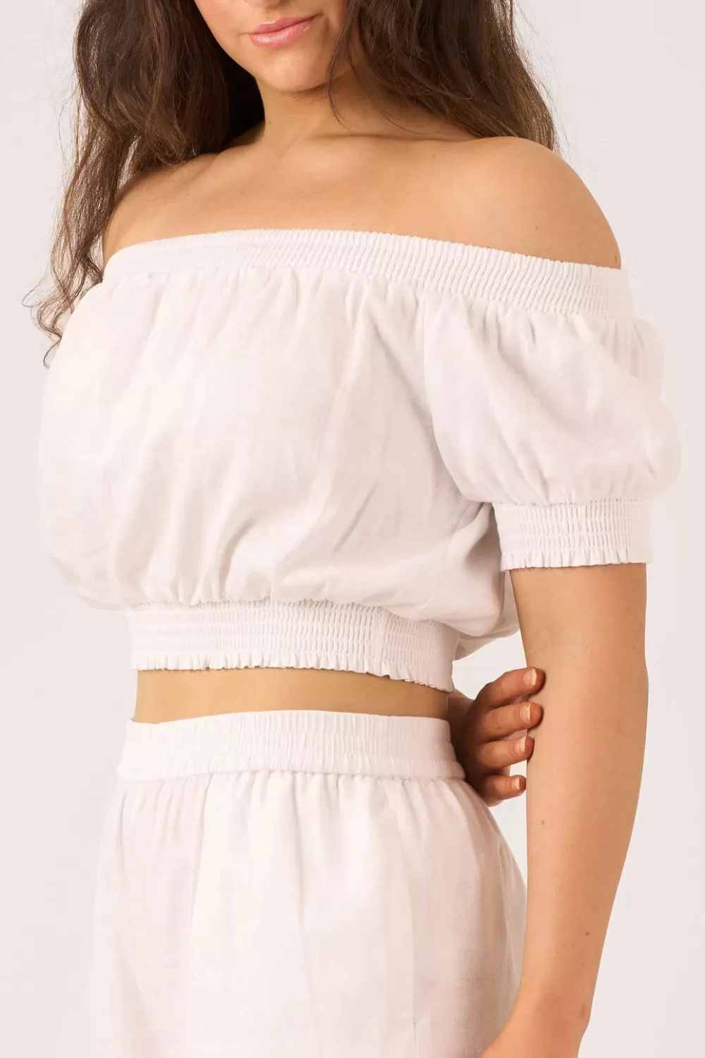 Linen Blend Shirred Bardot Crop Top -*Exoticathletica Fashion