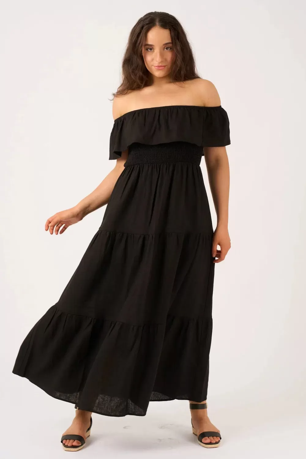 Linen Blend Shirred Ruffle Maxi Dress -*Exoticathletica Hot