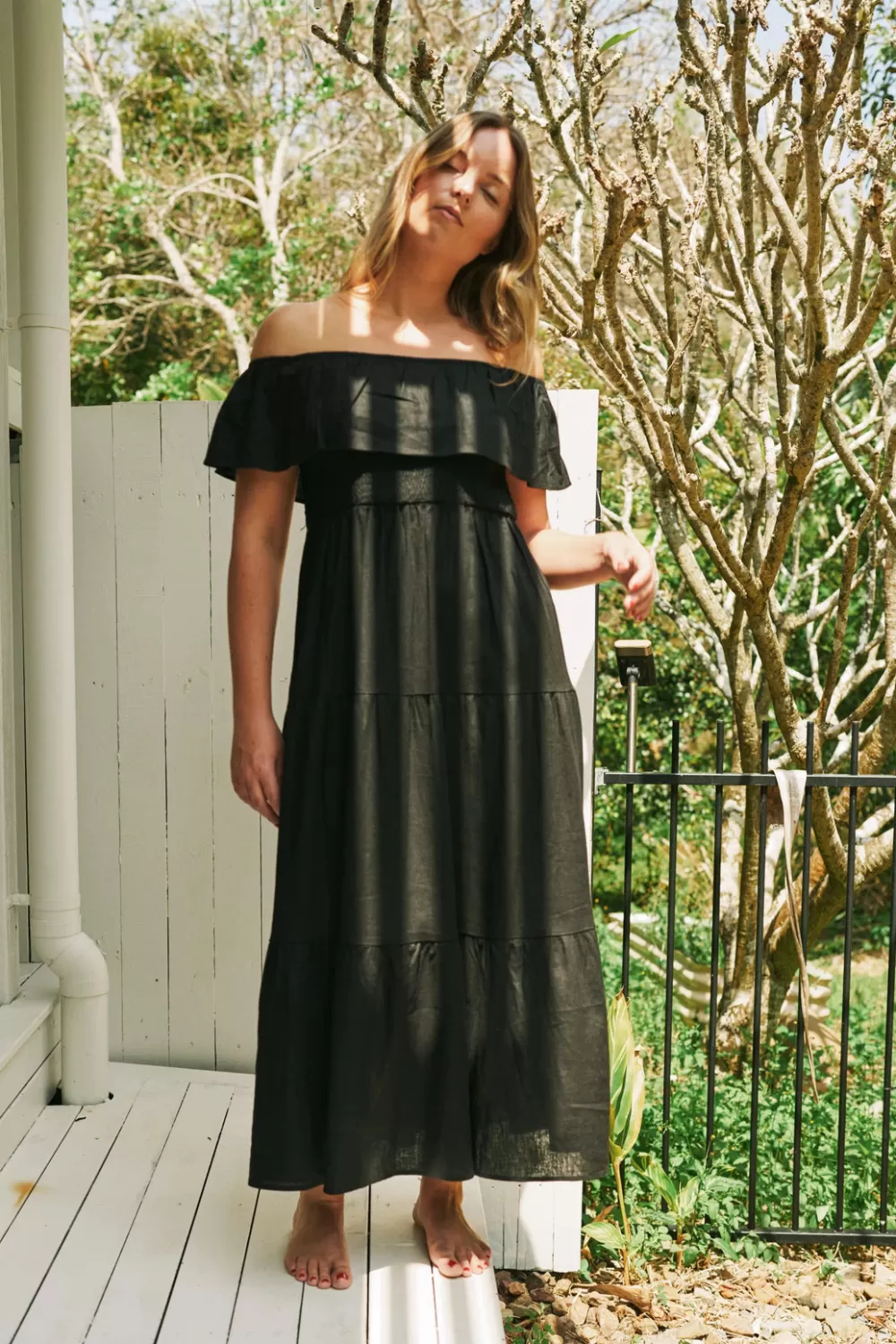 Linen Blend Shirred Ruffle Maxi Dress -*Exoticathletica Hot