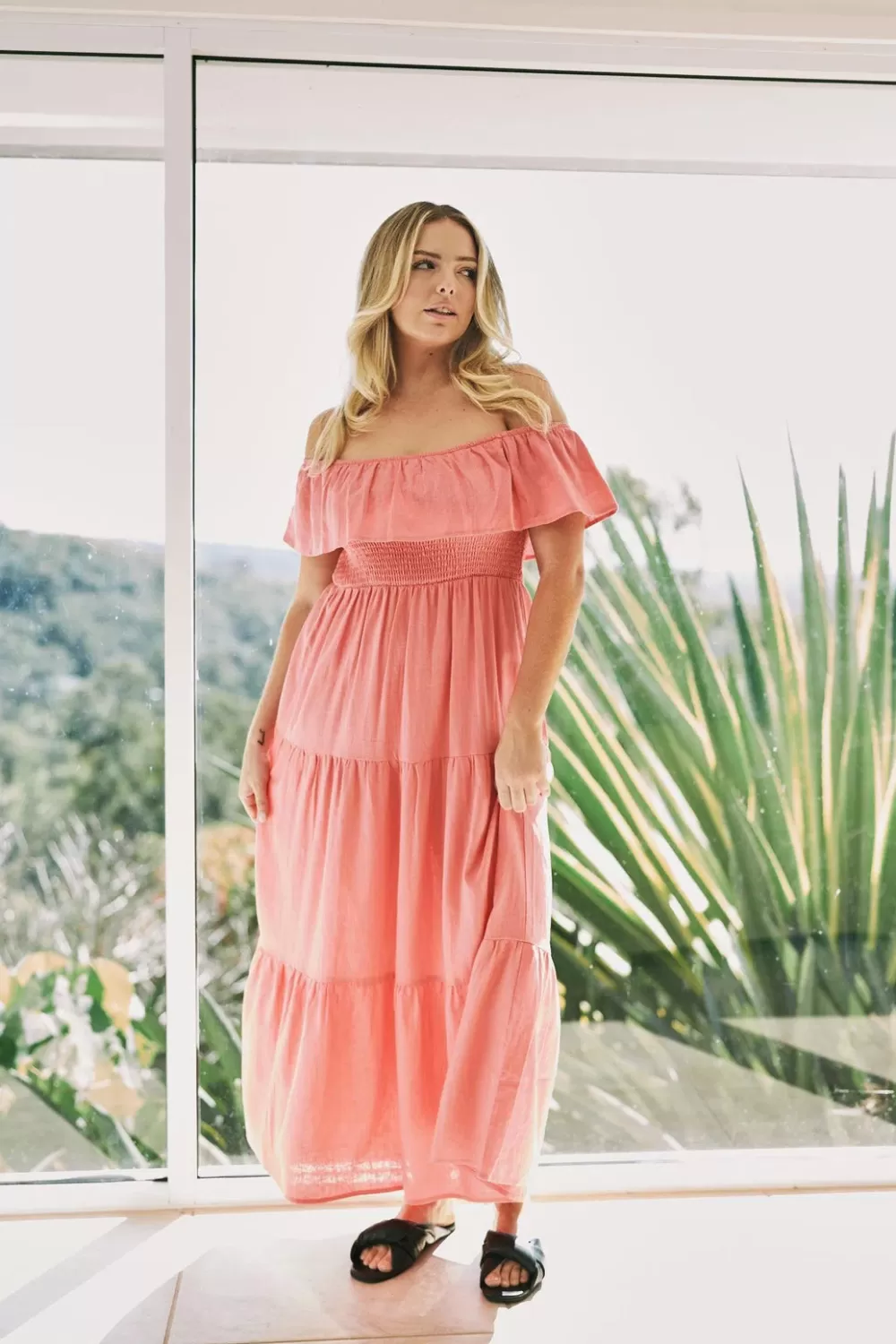 Linen Blend Shirred Ruffle Maxi Dress - Bubblegum Pink*Exoticathletica Fashion