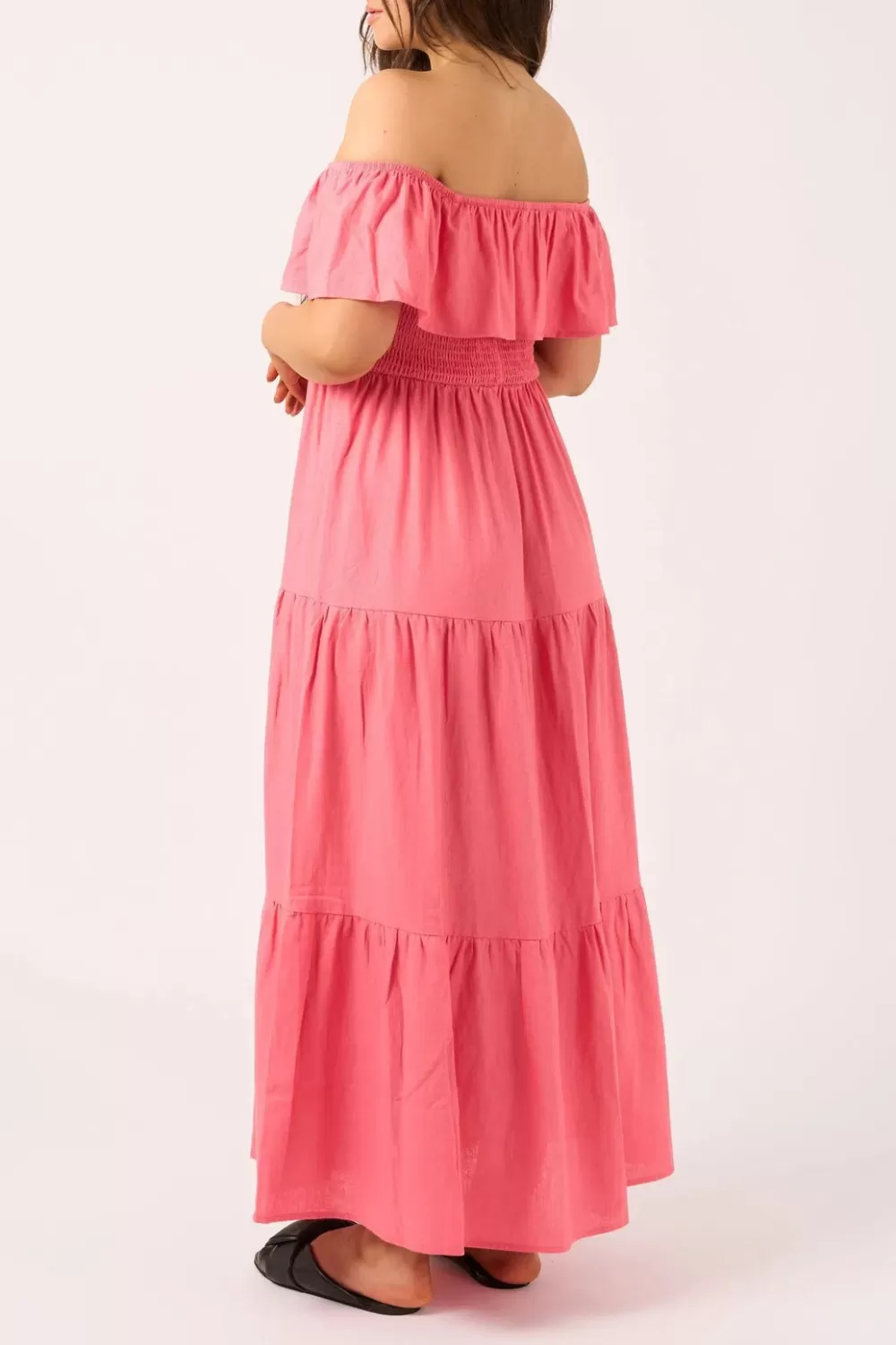 Linen Blend Shirred Ruffle Maxi Dress - Bubblegum Pink*Exoticathletica Fashion