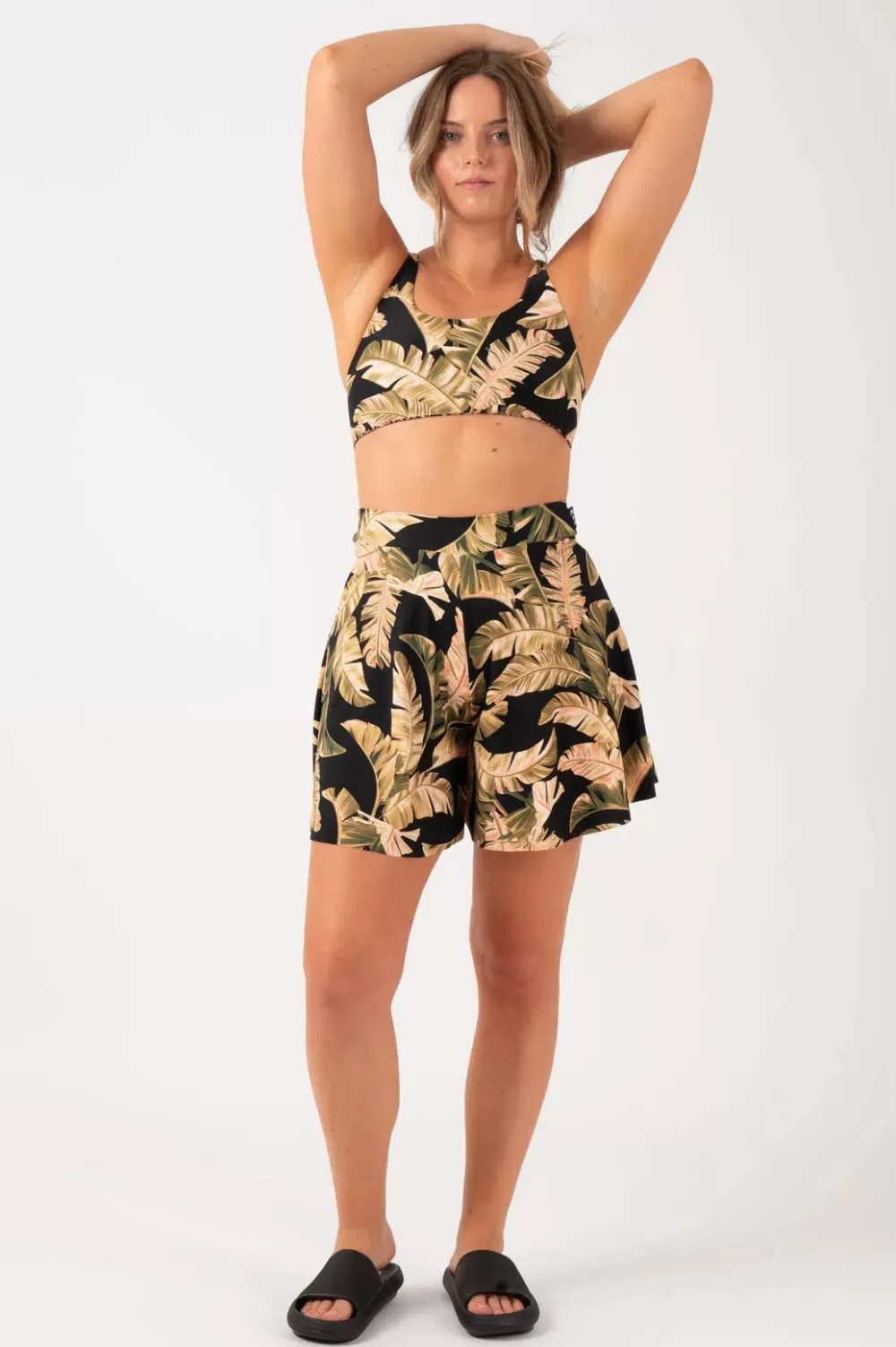 Silky Mini Palazzo Short - Black Tropical Leaf*Exoticathletica Flash Sale