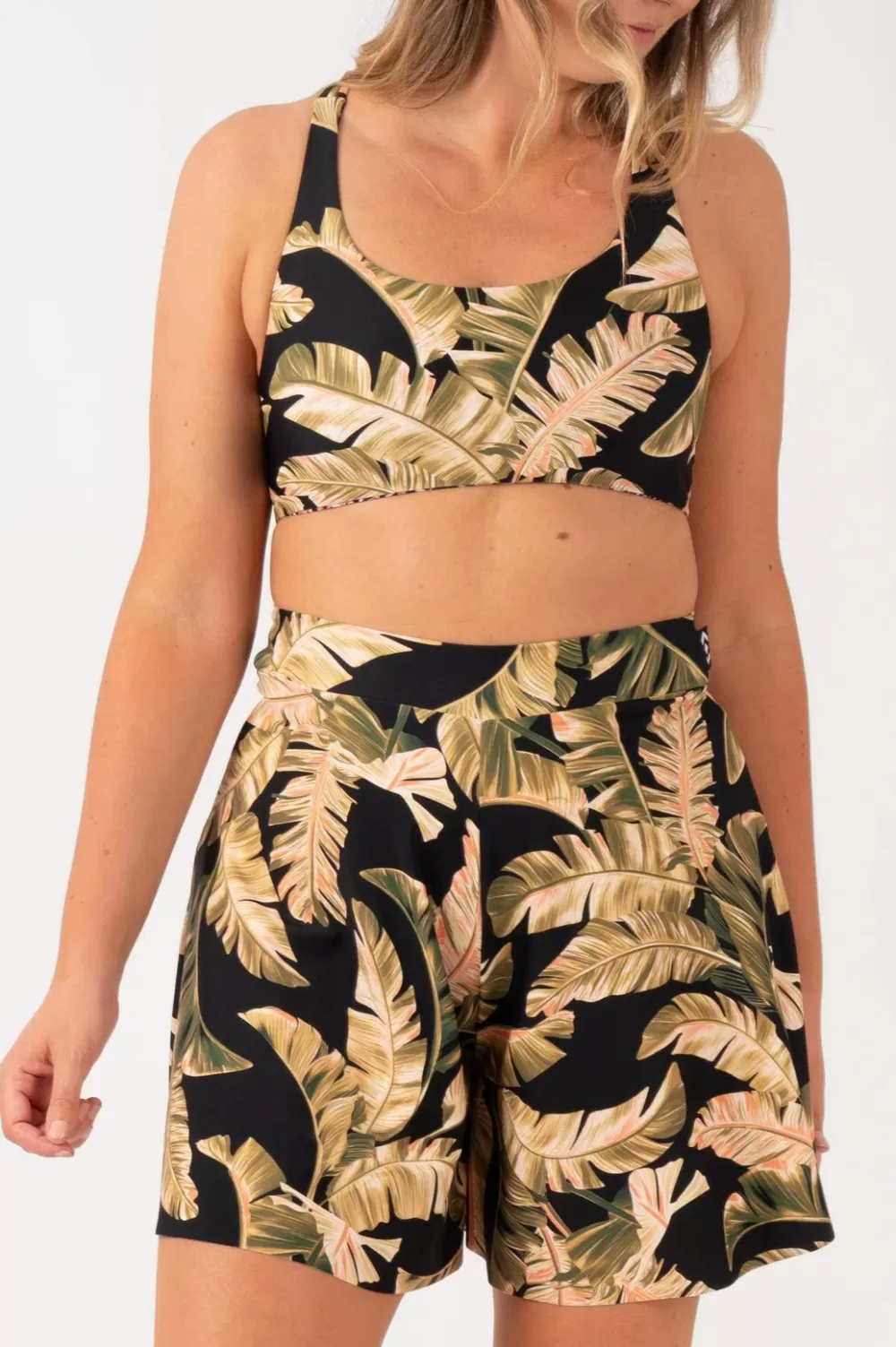 Silky Mini Palazzo Short - Black Tropical Leaf*Exoticathletica Flash Sale