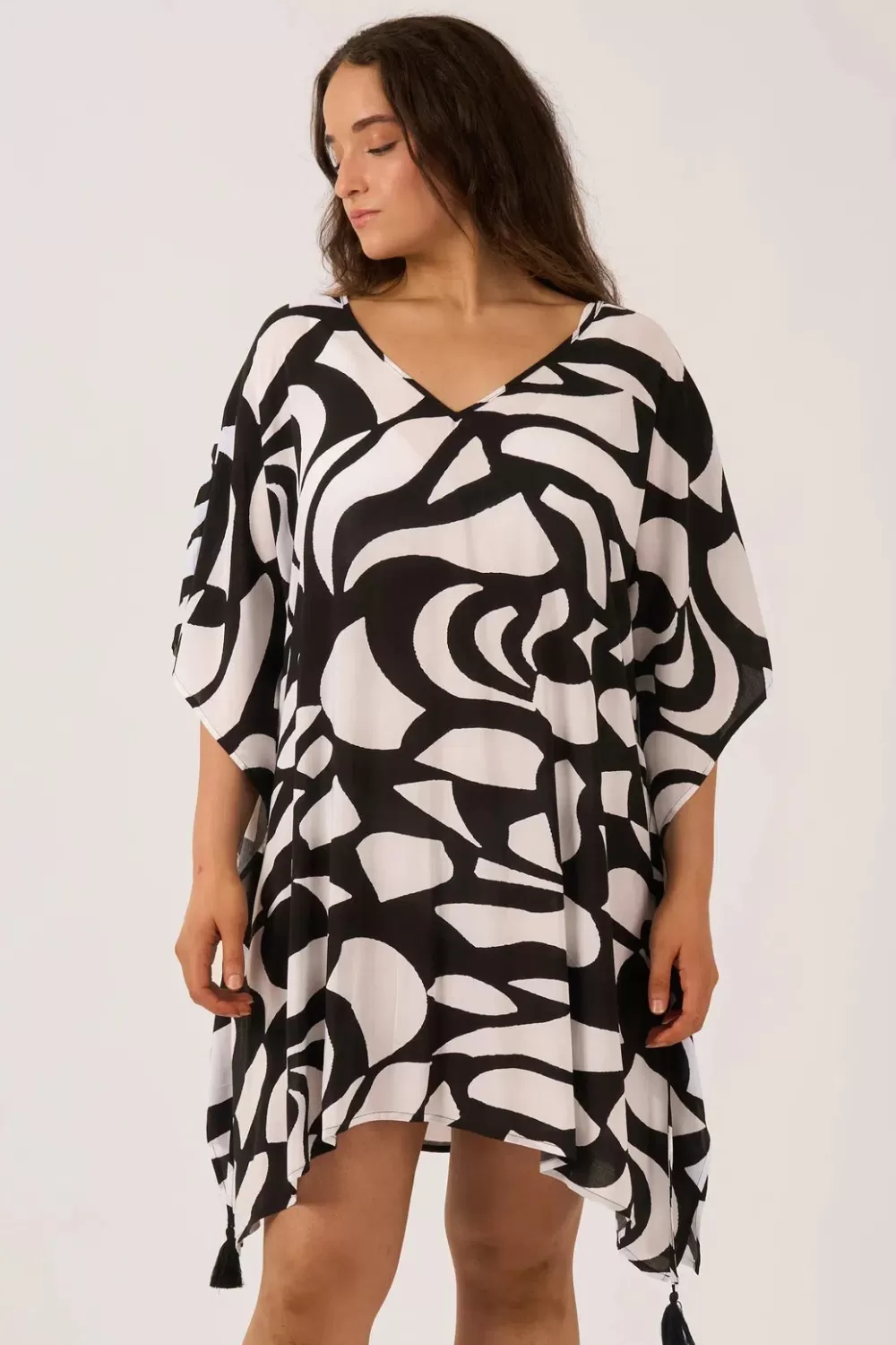 Sustainable Viscose Adjustable Tie Waist Kaftan - Black Geo Waves*Exoticathletica Outlet