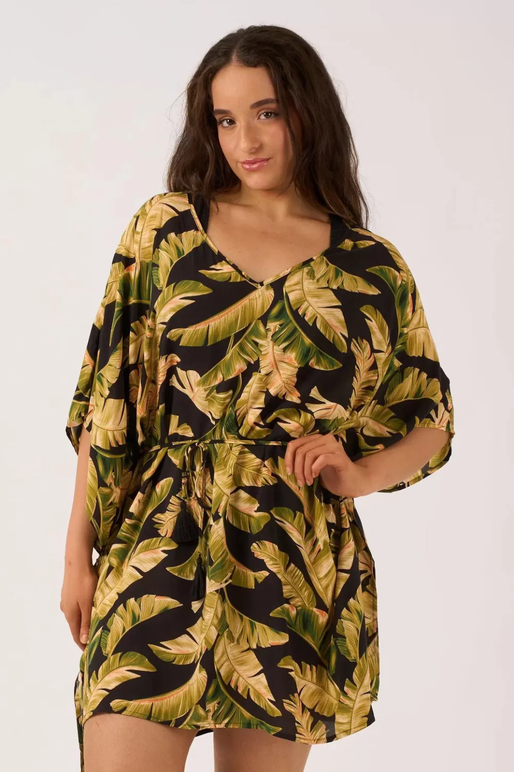 Sustainable Viscose Adjustable Tie Waist Kaftan - Black Tropical Leaf*Exoticathletica Discount