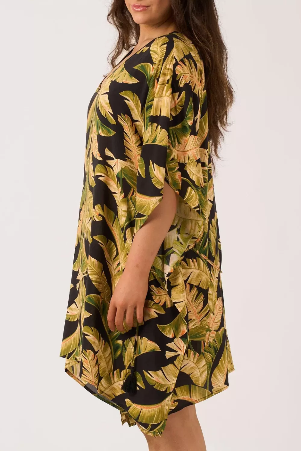 Sustainable Viscose Adjustable Tie Waist Kaftan - Black Tropical Leaf*Exoticathletica Discount