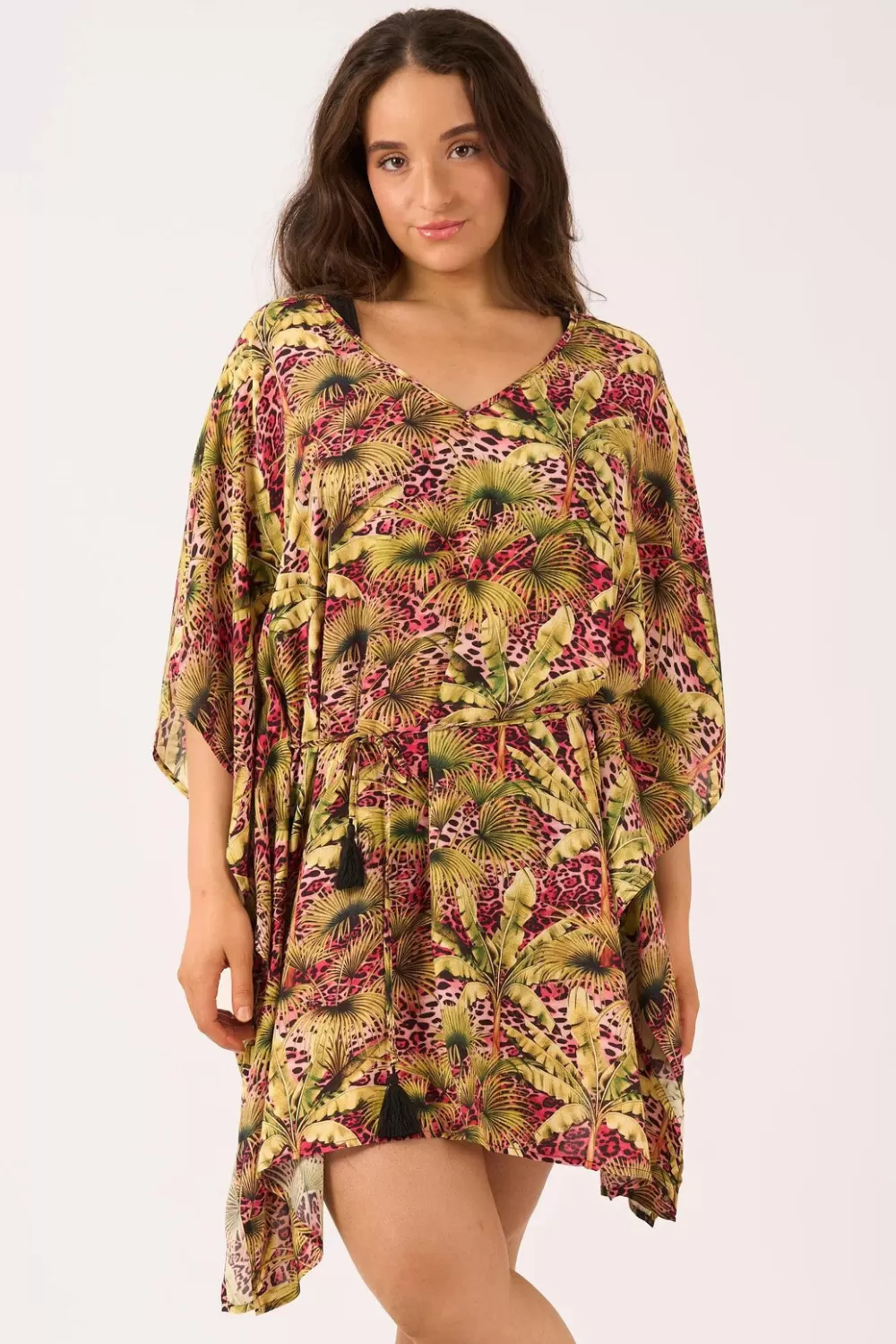 Sustainable Viscose Adjustable Tie Waist Kaftan - Pink Tropical Leopard*Exoticathletica Cheap