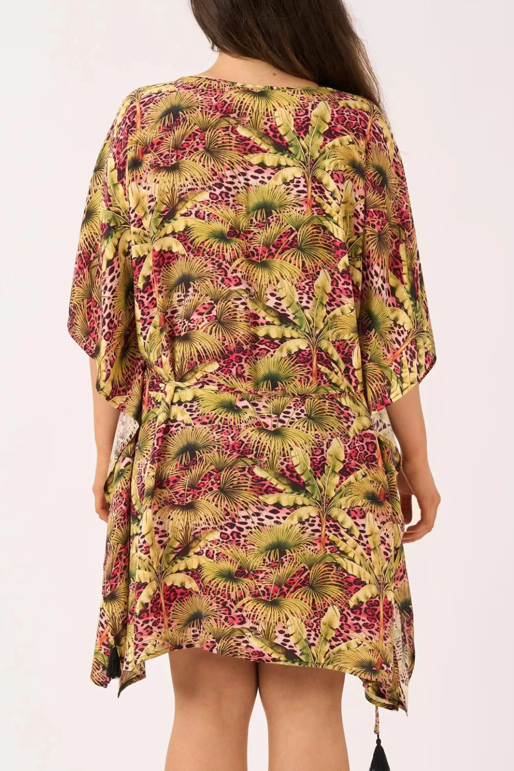 Sustainable Viscose Adjustable Tie Waist Kaftan - Pink Tropical Leopard*Exoticathletica Cheap