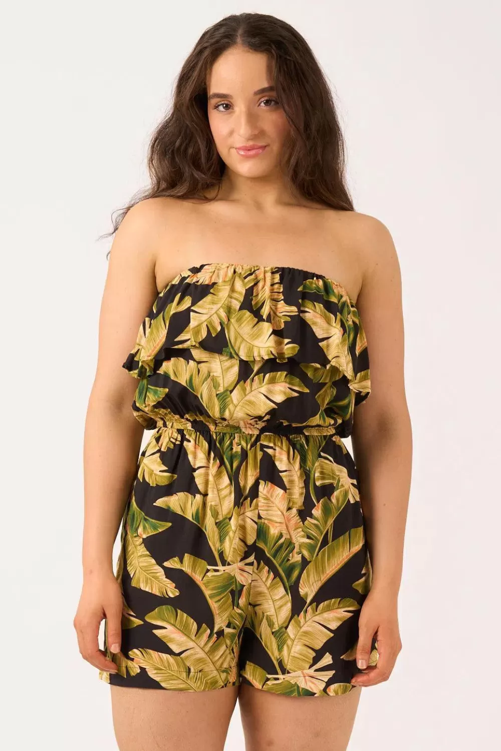 Sustainable Viscose Frill Playsuit - Black Tropical Leaf*Exoticathletica Cheap