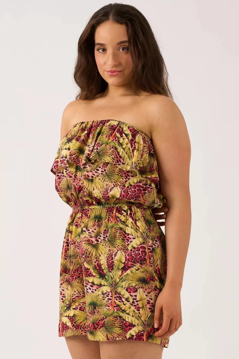 Sustainable Viscose Frill Playsuit - Pink Tropical Leopard*Exoticathletica New