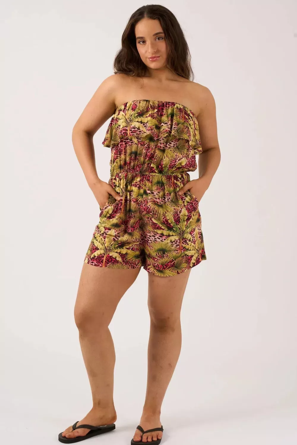 Sustainable Viscose Frill Playsuit - Pink Tropical Leopard*Exoticathletica New