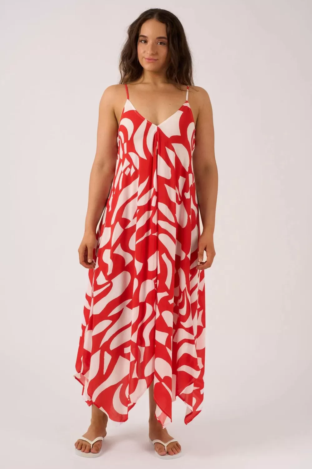 Sustainable Viscose Hanky Hem Dress - Red Geo Waves*Exoticathletica Outlet