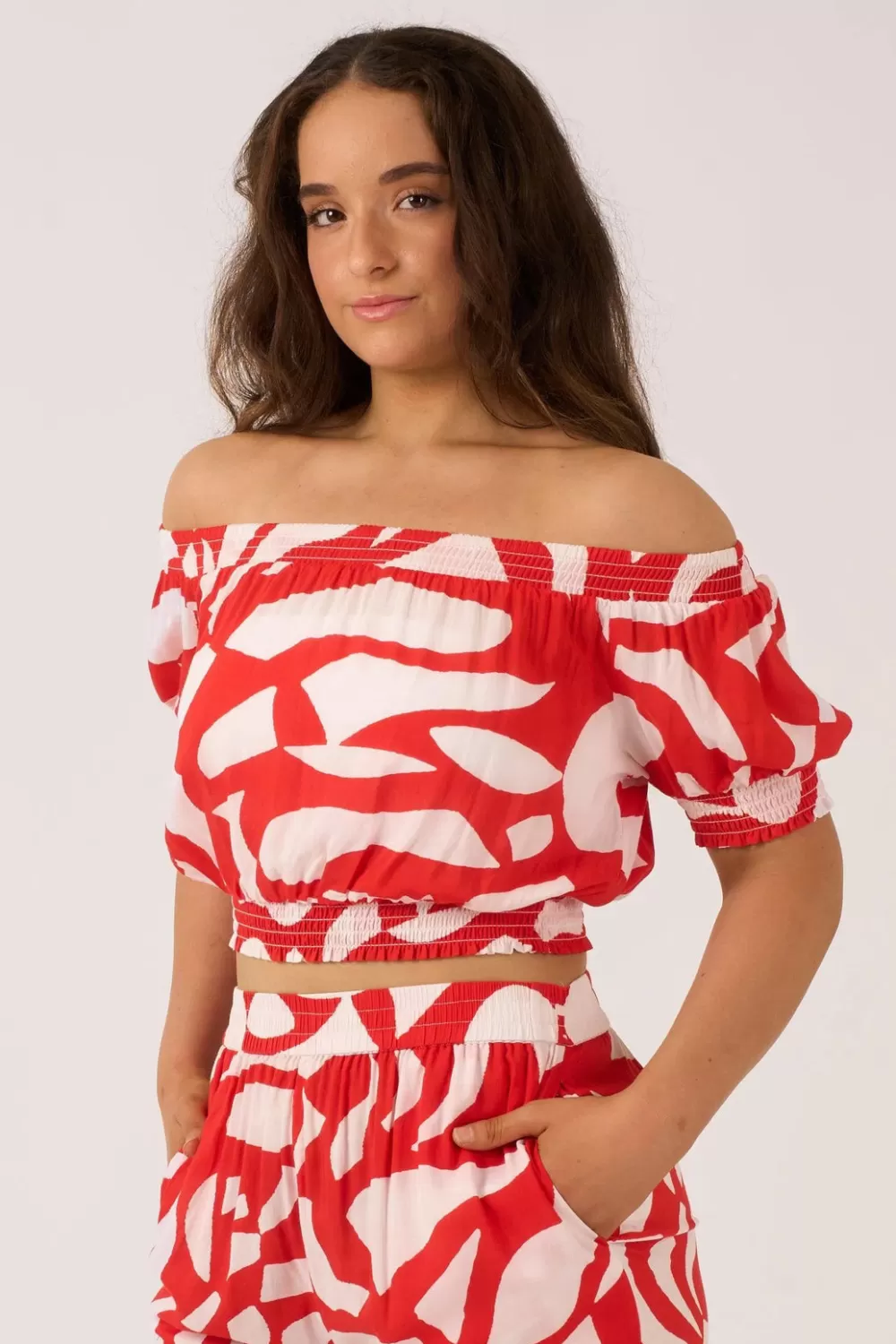 Sustainable Viscose Shirred Bardot Crop Top - Red Geo Waves*Exoticathletica Best Sale