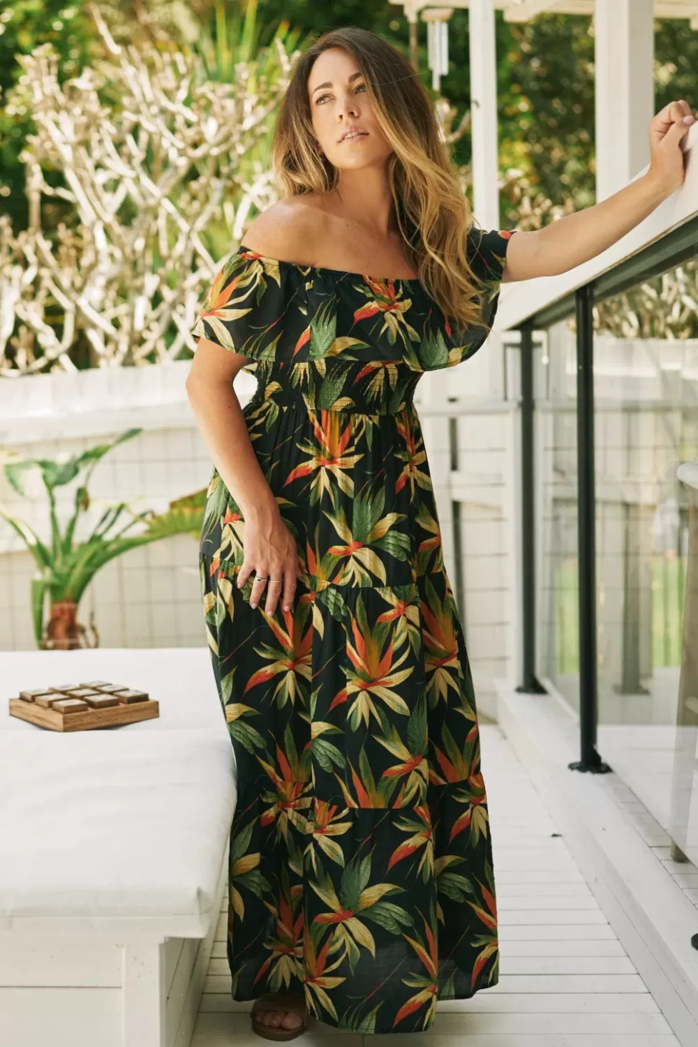 Sustainable Viscose Shirred Ruffle Maxi Dress - Black Tropico*Exoticathletica Clearance