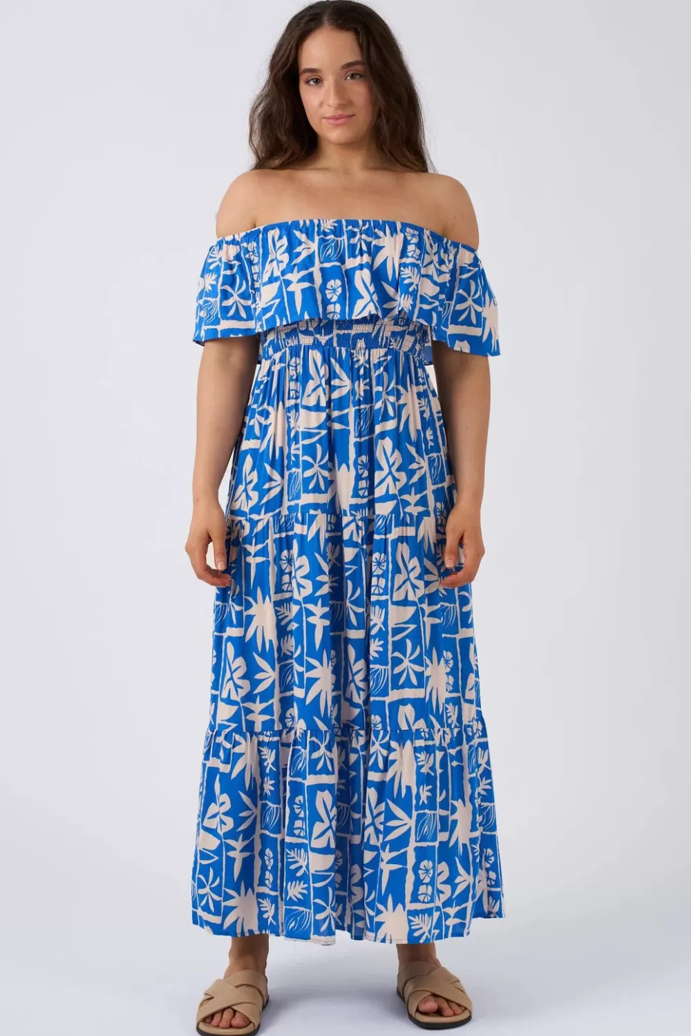 Sustainable Viscose Shirred Ruffle Maxi Dress - Blue Tiki*Exoticathletica Sale