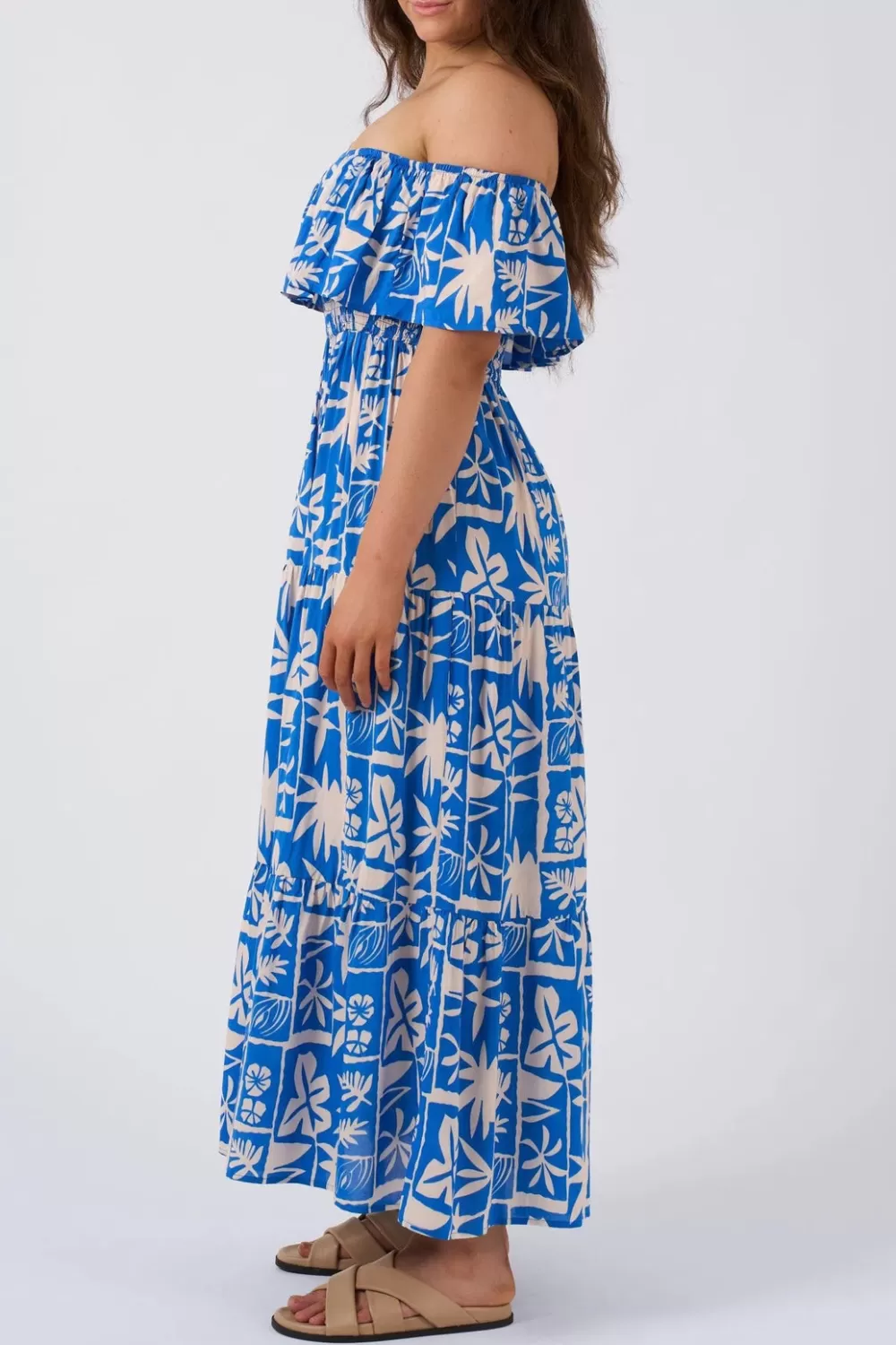 Sustainable Viscose Shirred Ruffle Maxi Dress - Blue Tiki*Exoticathletica Sale