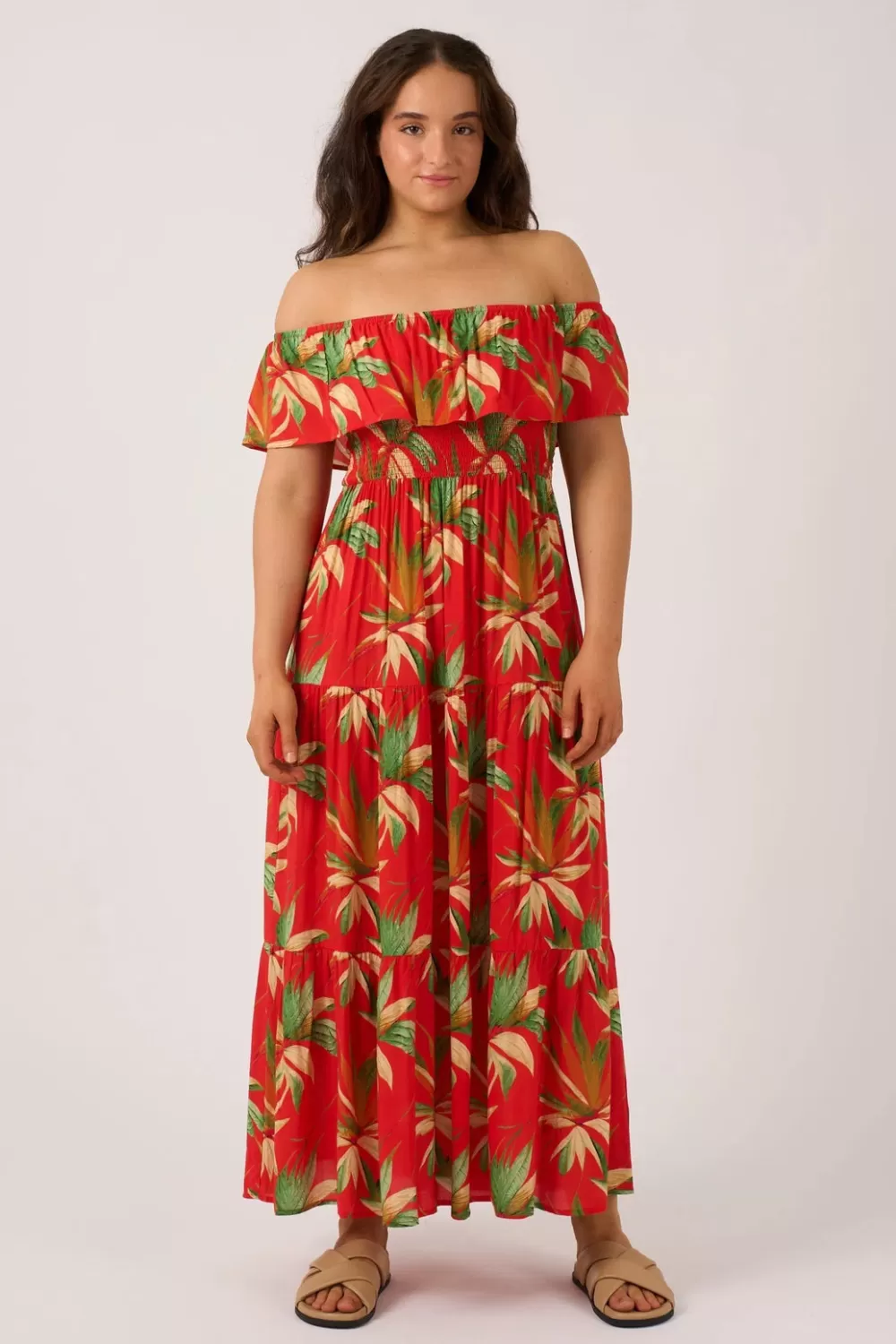 Sustainable Viscose Shirred Ruffle Maxi Dress - Flame Tropico*Exoticathletica Best