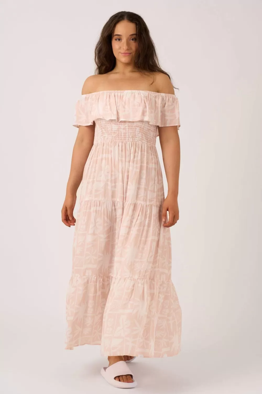 Sustainable Viscose Shirred Ruffle Maxi Dress - Nude Tiki*Exoticathletica Flash Sale